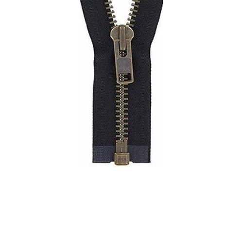 #10 Metal, Black, 30" Separating Bomber Jacket Zipper with Antique Brass Teeth