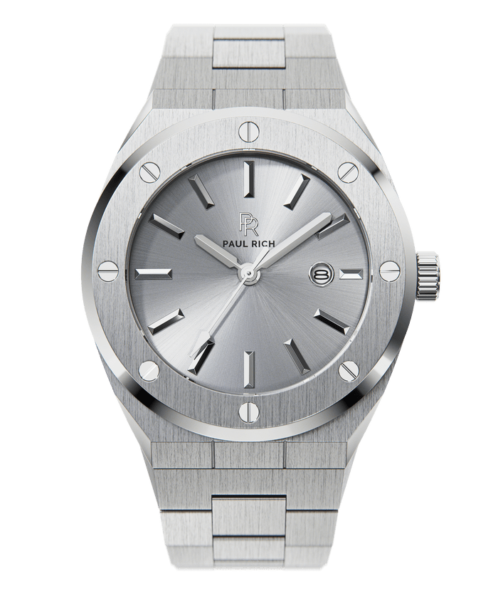 Front view of Paul Rich brushed silver watch with metallic silver sunray dial, silver markers, and date window, on transparent background.