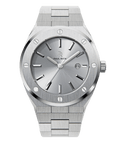 Front view of Paul Rich brushed silver watch with metallic silver sunray dial, silver markers, and date window, on transparent background.