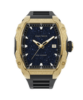Front view of Paul Rich watch with blue aventurine dial, gold frosted bezel, date display, and black rubber strap.