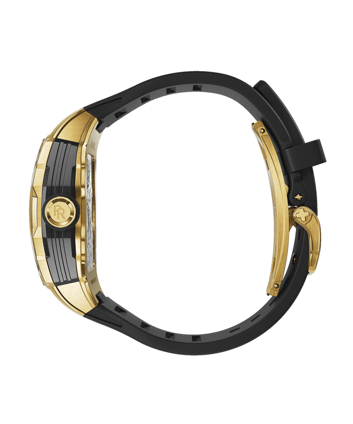 Side view of Paul Rich watch with gold PR monogram crown, brushed gold case, and curved black rubber strap with matching deployment clasp.