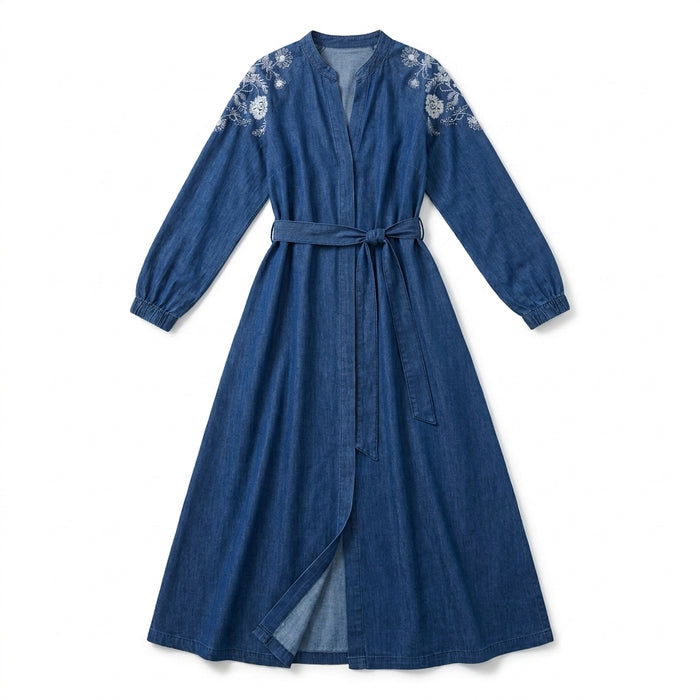 Casual Denim Open Front Longline Abaya With Embroidered Shoulder