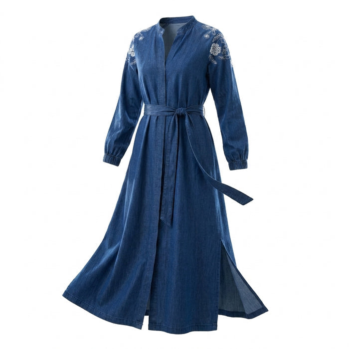 Casual Denim Open Front Longline Abaya With Embroidered Shoulder