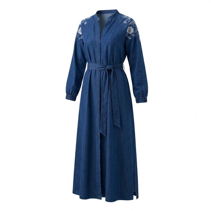 Casual Denim Open Front Longline Abaya With Embroidered Shoulder