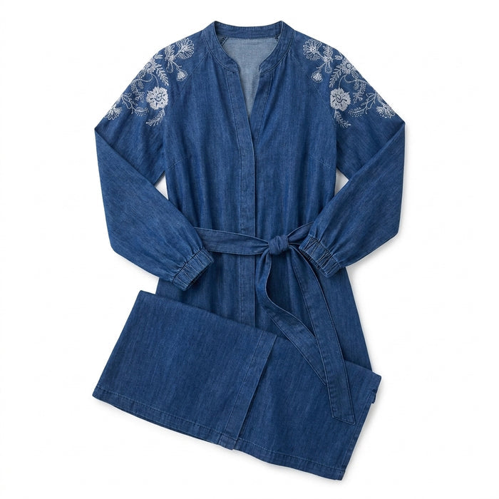 Casual Denim Open Front Longline Abaya With Embroidered Shoulder