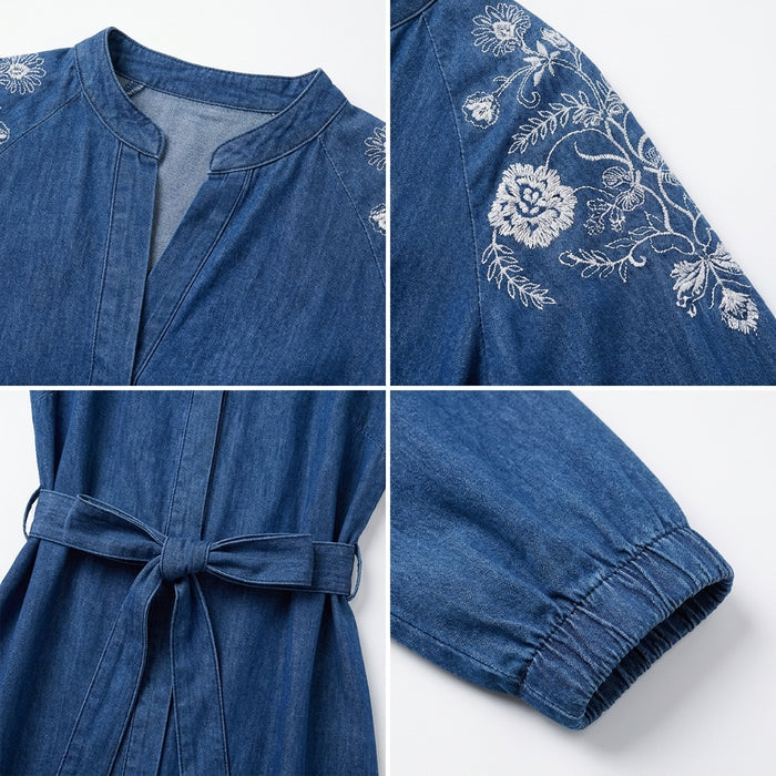 Casual Denim Open Front Longline Abaya With Embroidered Shoulder