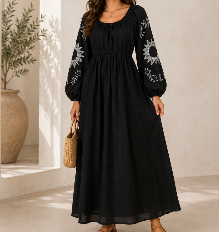 Casual Embroidered Balloon Sleeve Midi Dress