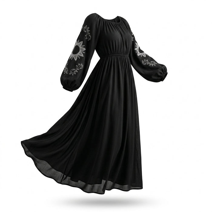 Casual Embroidered Balloon Sleeve Midi Dress