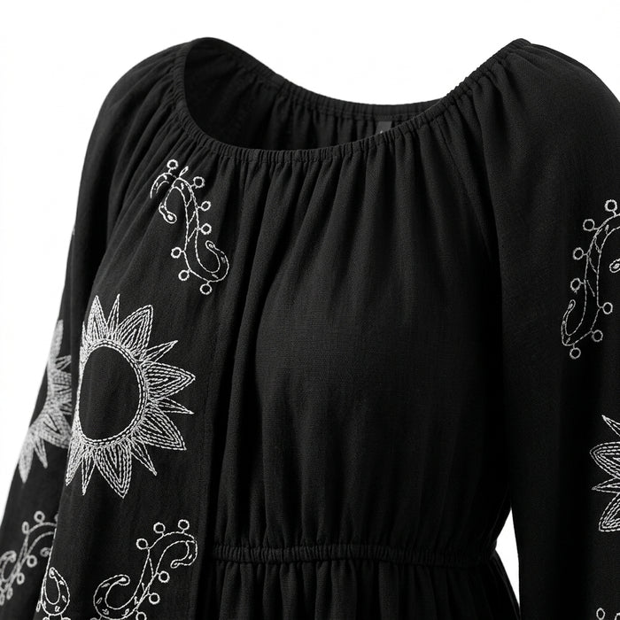 Casual Embroidered Balloon Sleeve Midi Dress
