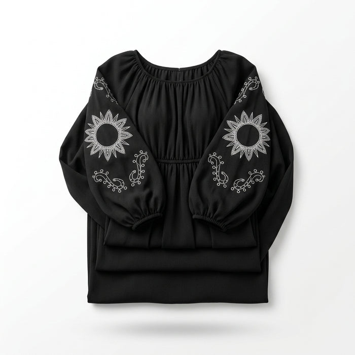 Casual Embroidered Balloon Sleeve Midi Dress