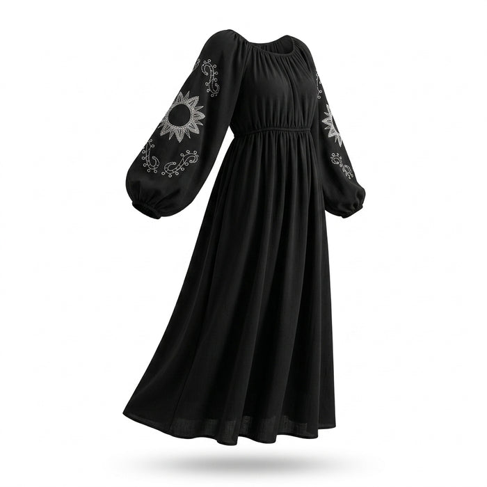 Casual Embroidered Balloon Sleeve Midi Dress