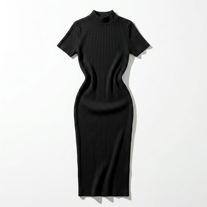 Casual Ribbed Mock Neck Short Sleeve Maxi Dress