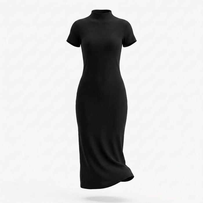 Casual Ribbed Mock Neck Short Sleeve Maxi Dress