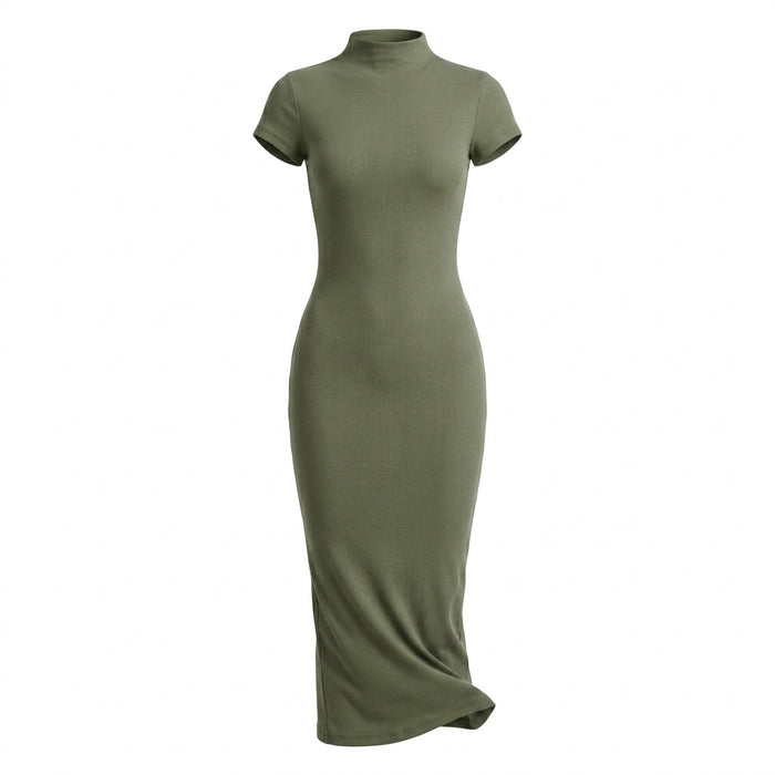 Casual Ribbed Mock Neck Short Sleeve Maxi Dress
