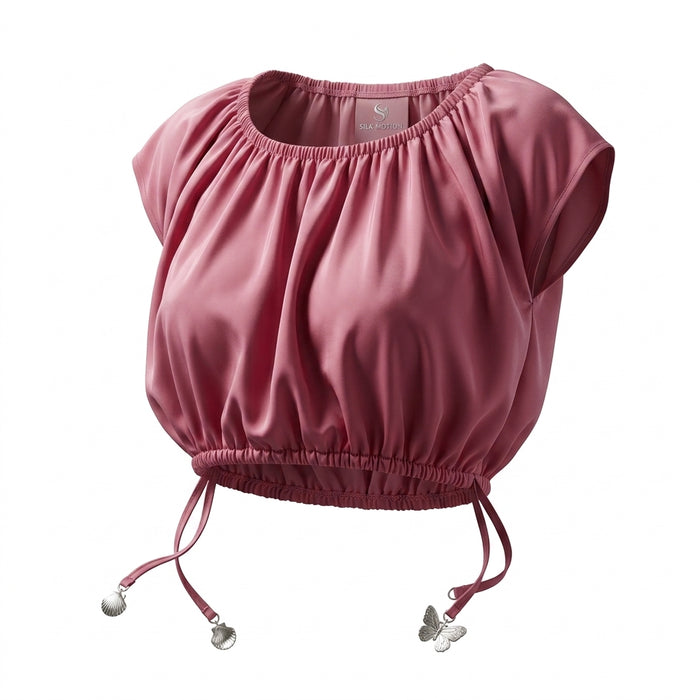 Casual Rose Ruched Crop Top With Side Tie