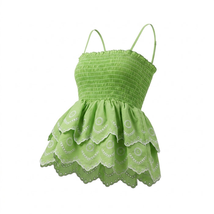 Casual Smocked Tiered Camisole Top With Embroidered Eyelet