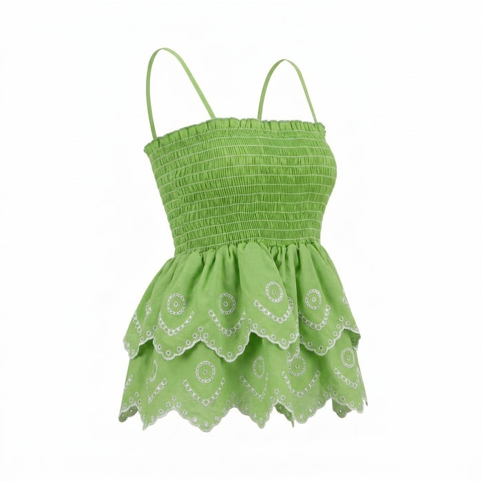 Casual Smocked Tiered Camisole Top With Embroidered Eyelet