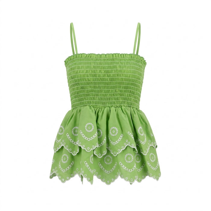 Casual Smocked Tiered Camisole Top With Embroidered Eyelet