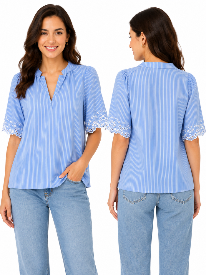 Casual Stripe Split Neck Blouse With Embroidered Sleeve