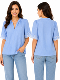 Casual Stripe Split Neck Blouse With Embroidered Sleeve