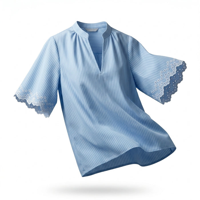 Casual Stripe Split Neck Blouse With Embroidered Sleeve