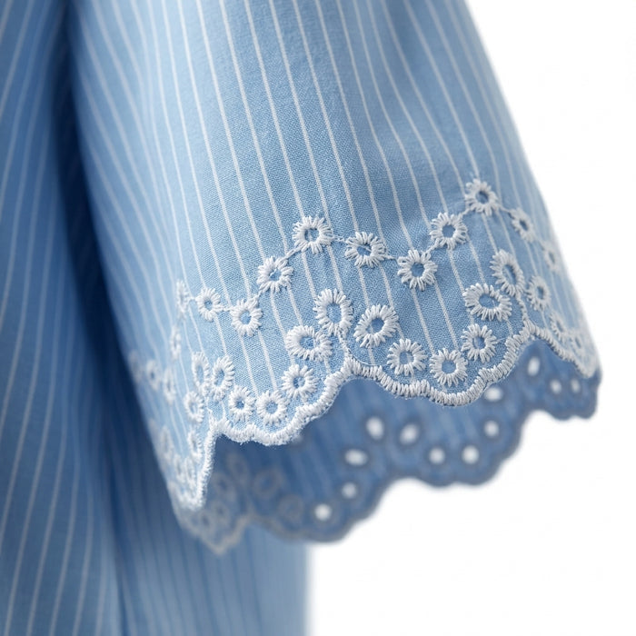 Casual Stripe Split Neck Blouse With Embroidered Sleeve