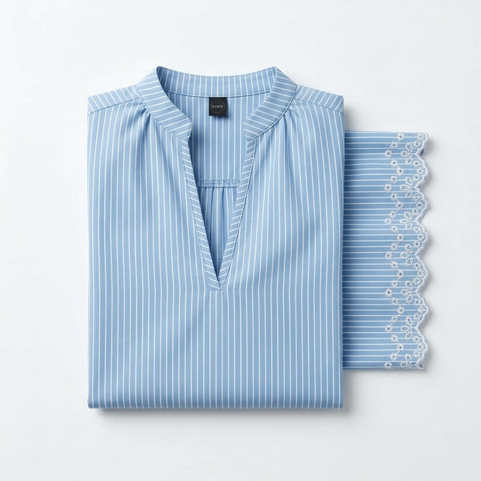 Casual Stripe Split Neck Blouse With Embroidered Sleeve