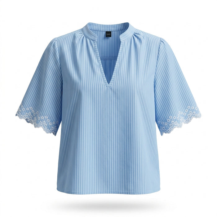 Casual Stripe Split Neck Blouse With Embroidered Sleeve