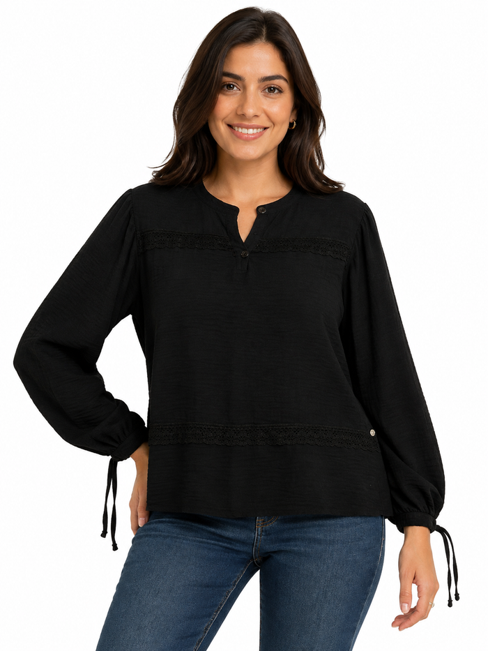 Casual Textured Long Sleeve Blouse With Lace Trim