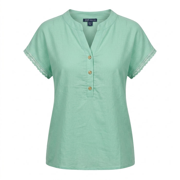 Casual Wear Women Lace Trim Henley Top