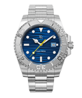 Crystal Bay - Azure Sea - Stainless steel watch with a blue wave-textured dial, yellow seconds hand, and date window, shown from the front with bezel and bracelet in view.