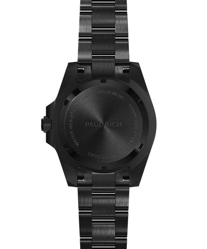Back view of a black stainless steel watch and bracelet, showing the engraved case back and brushed metal finish against a transparent background.
