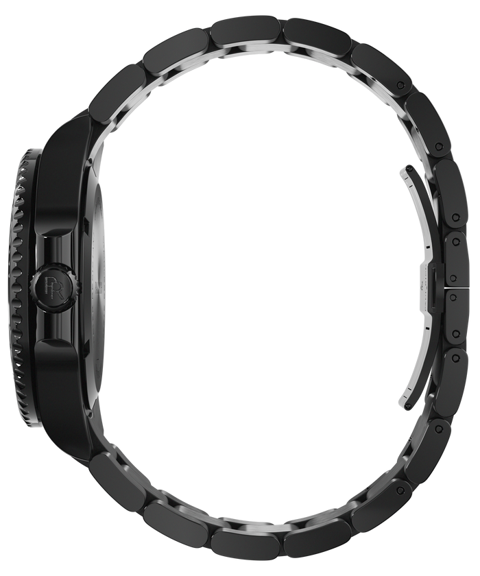Side view of a black stainless steel watch and bracelet, showing the crown, case profile, and curved linked band against a transparent background.
