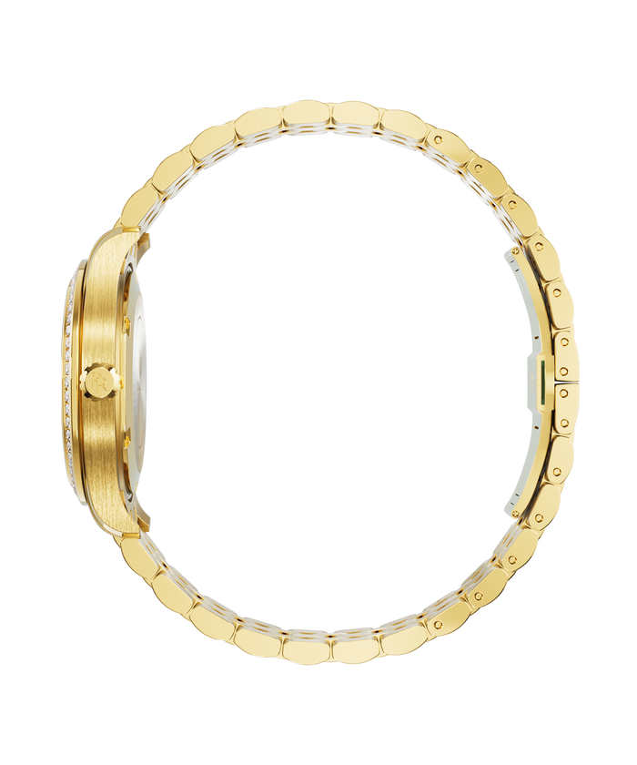 Side view of a gold-tone Paul Rich watch with a gem-set bezel, “PR” logo on the crown, and a fully closed rounded link bracelet.