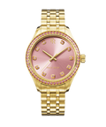 Gold Paul Rich women’s watch with a pink sunray dial, crystal hour markers, crystal-set bezel, and gold bracelet on a transparent background.