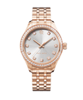 Front view of a rose gold wristwatch with a silver sunray dial, diamond-set hour markers, gem-set bezel, and a rose gold jubilee bracelet.
