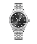 Front view of a silver-tone Paul Rich watch with a black sunray dial, diamond hour markers, gem-set bezel, and silver jubilee bracelet.