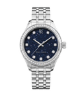 Front view of a silver-tone Paul Rich watch with a deep blue aventurine dial, diamond hour markers, gem-set bezel, and silver jubilee bracelet.