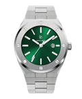 Front view of Paul Rich brushed silver watch with green sunray dial, silver markers, and date window, on transparent background.