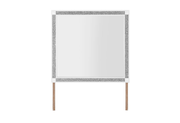 Beveled mirror crafted from hardwood solids featuring a painted white finish and dazzling ""bling"" accents.