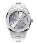 Front view of Paul Rich frosted silver watch with metallic silver sunray dial, date window, and polished silver hour markers.
