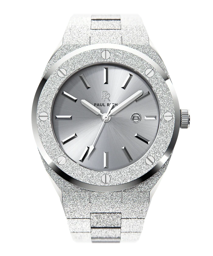 Front view of Paul Rich frosted silver watch with metallic silver sunray dial, date window, and polished silver hour markers.