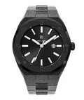 Front view of Paul Rich frosted black watch with sunray black dial, silver markers, and date window, shown on transparent background.