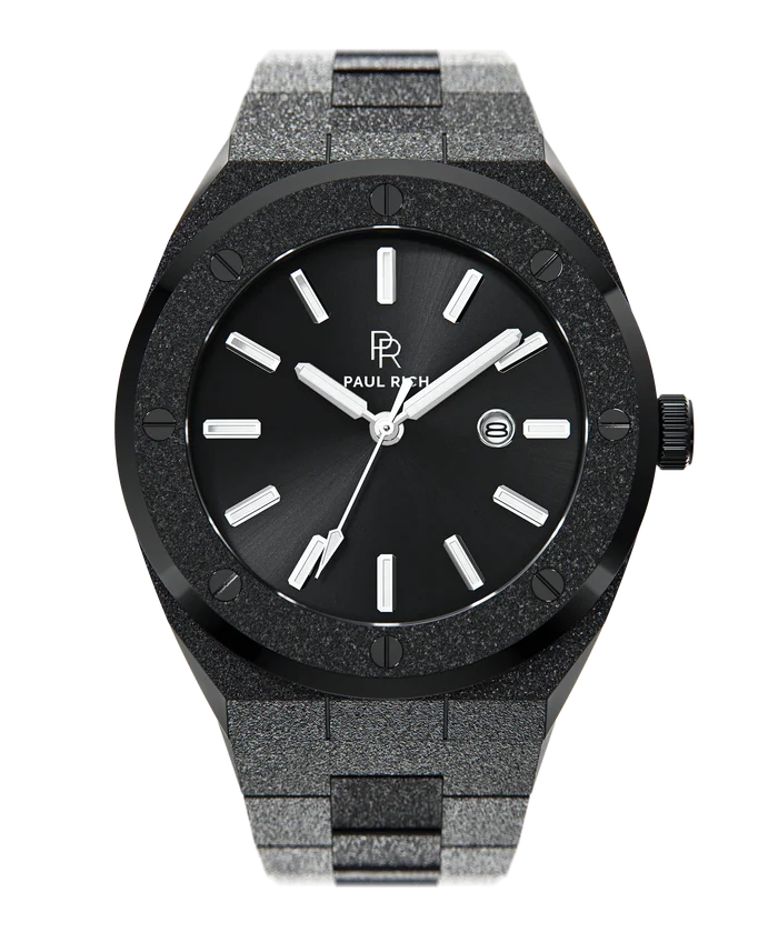 Front view of Paul Rich frosted black watch with sunray black dial, silver markers, and date window, shown on transparent background.