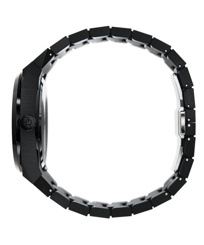 Side view of Paul Rich frosted black watch with PR monogram crown and black brushed bracelet, displayed on transparent background.