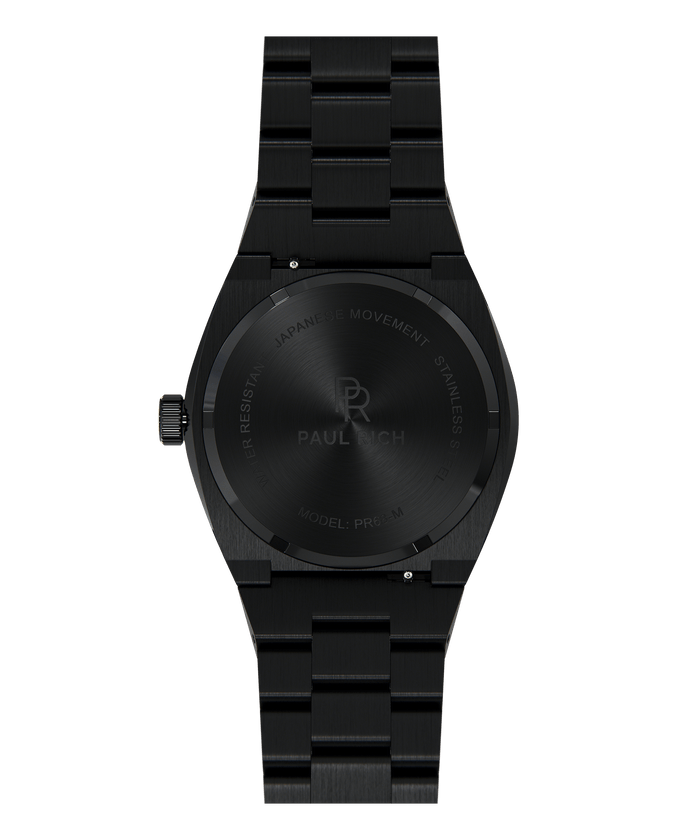 Back view of Paul Rich black stainless steel watch with engraved case back, showing logo, model PR68-M, and Japanese movement.