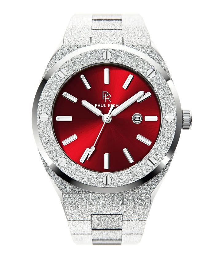 Paul Rich watch with round case, frosted silver finish, metallic red sunray dial, silver hour markers, and date window, shown on transparent background.