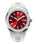 Paul Rich watch with round case, frosted silver finish, metallic red sunray dial, silver hour markers, and date window, shown on transparent background.