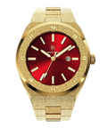 Paul Rich watch with round frosted gold case and bracelet, metallic red sunray dial, gold hour markers, and date window, shown on transparent background.
