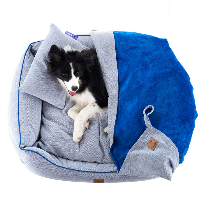 Hampton Herringbone 3pc Dog Bed Blue Charlie's Pet